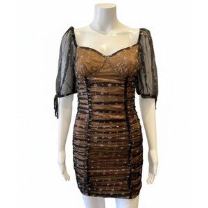 Pink & White Floral Mesh Ruched Mini Dress - Nude Illusion Lining - Small STRETC